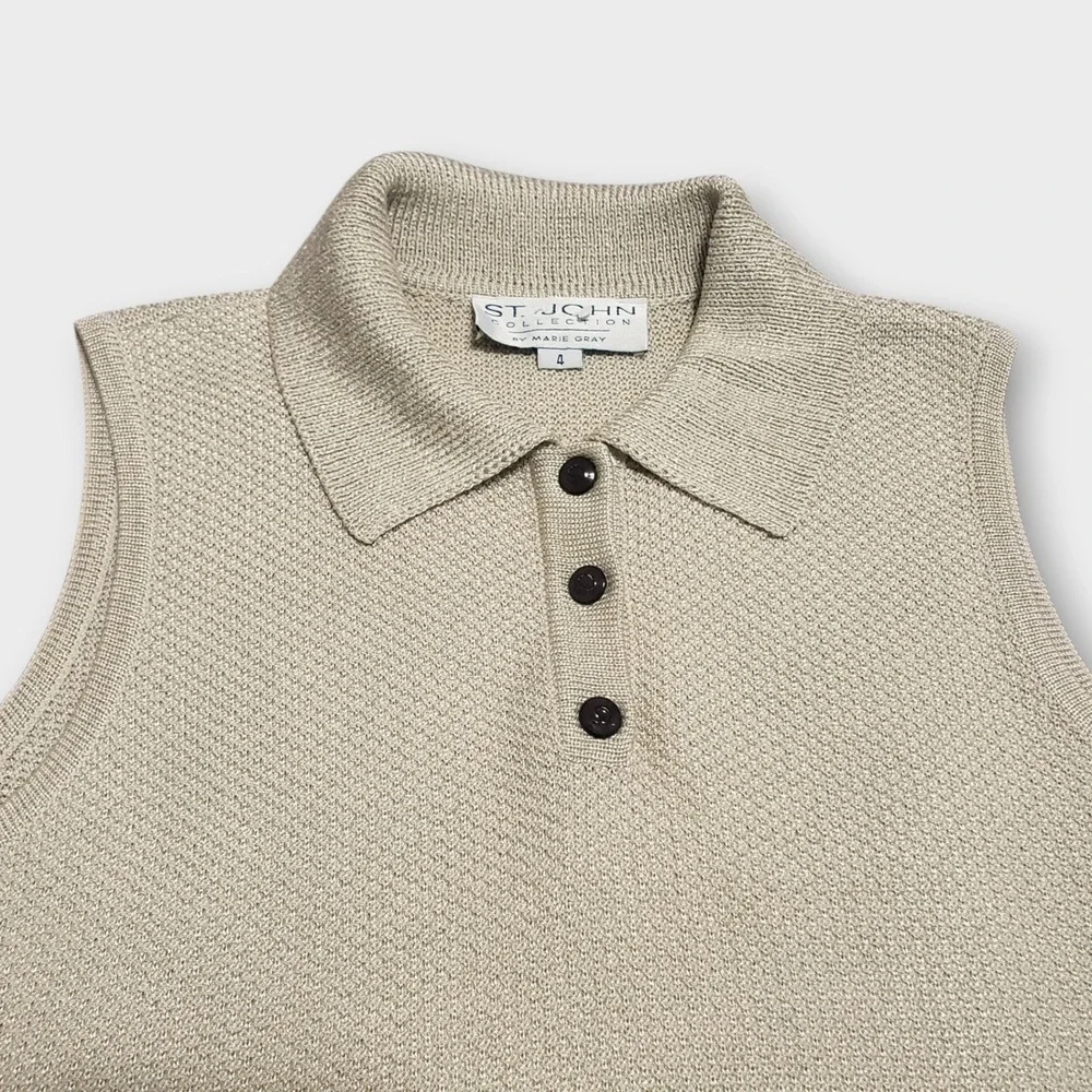 St John Collection Marie Gray Knit Sleeveless Polo Sweater Gold Metallic Size 4
